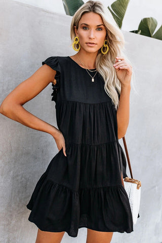 Black Ruffled Pocket Tiered Mini-Dress