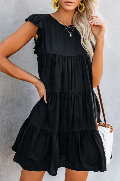 Black Ruffled Pocket Tiered Mini-Dress
