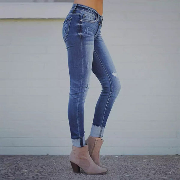 Cropped Elastic Slim Ripped Jeans