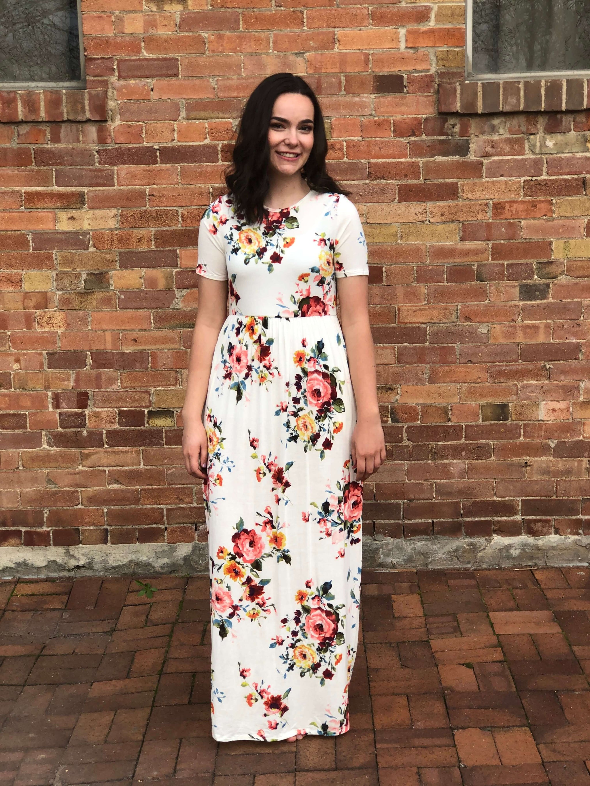fitted lace wedding dress Staying True Ivory Multi Floral Print Satin Maxi Dress main image 1