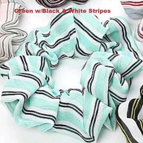 Green w/Black & White Stripes Hair Tie Scrunchy Scrunchie